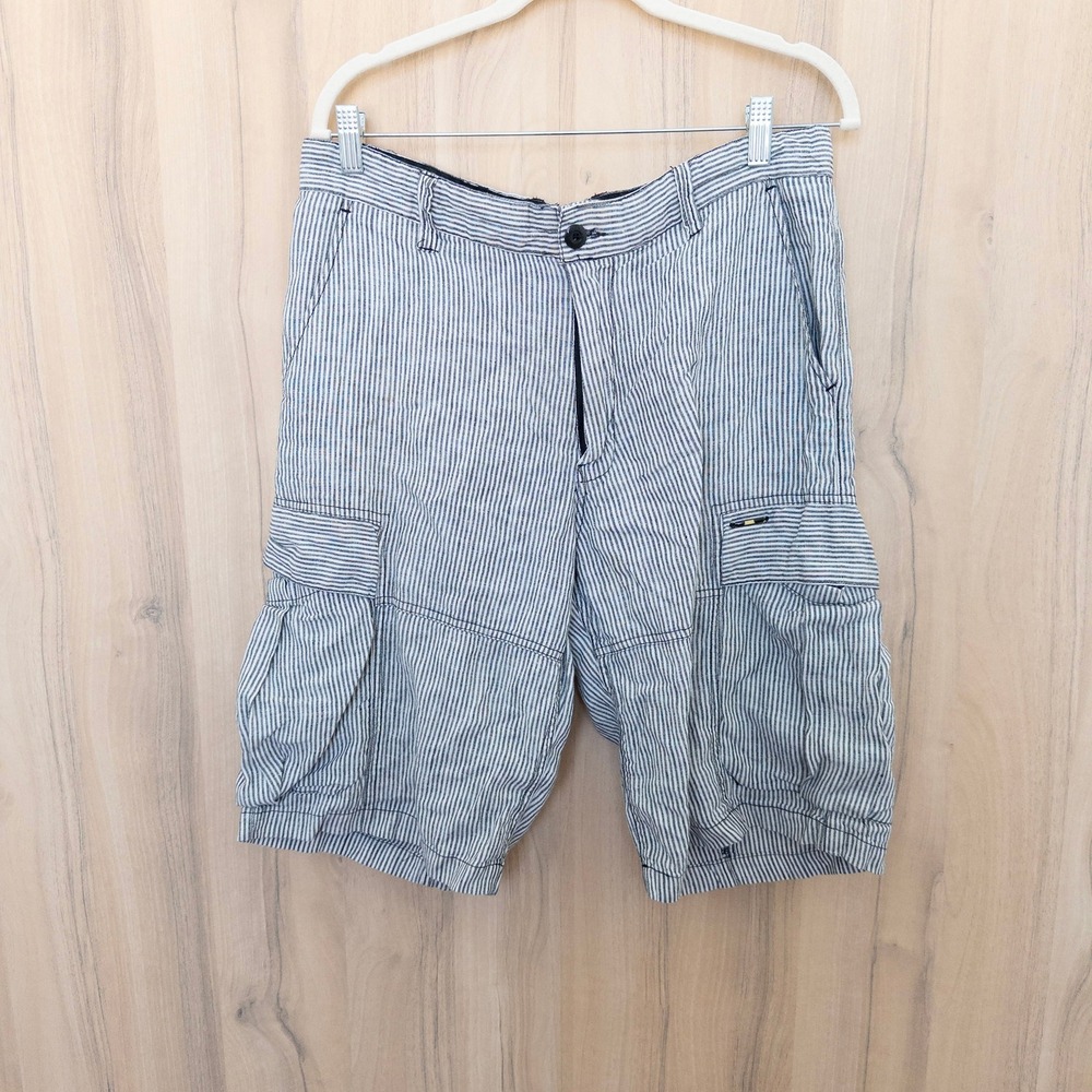 Cavi Mens 100% Linen Cargo Shorts Size 34 Navy Striped Coastal Summer Casual